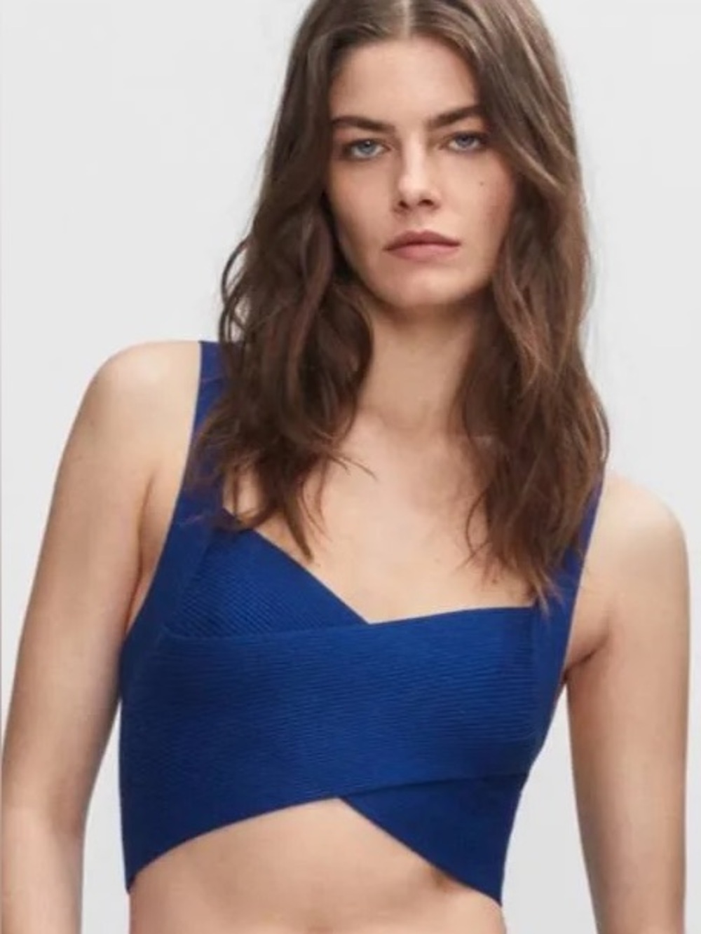 Mango Ribbed Cross-Front Crop Top - Royal Blue